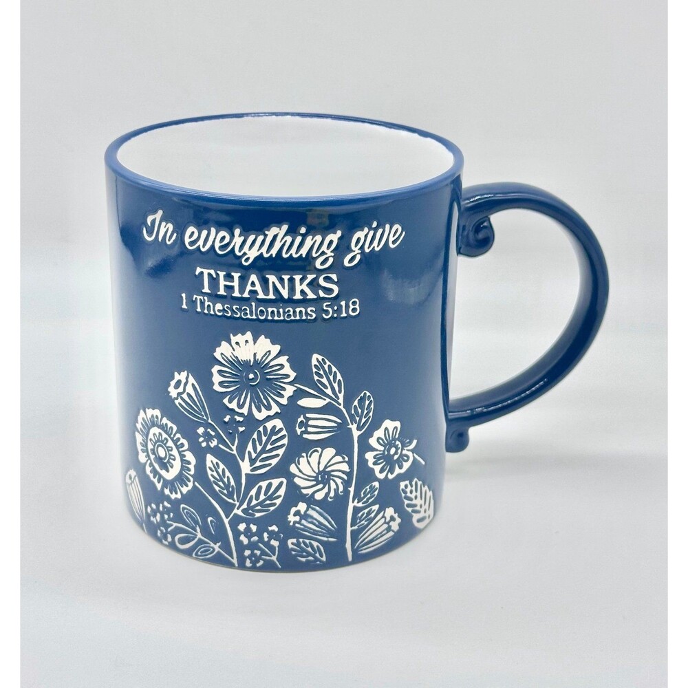 Dark Teal Blue Ceramic Coffee Mug Cup  White Embossed 1 Thessalonians 5:18